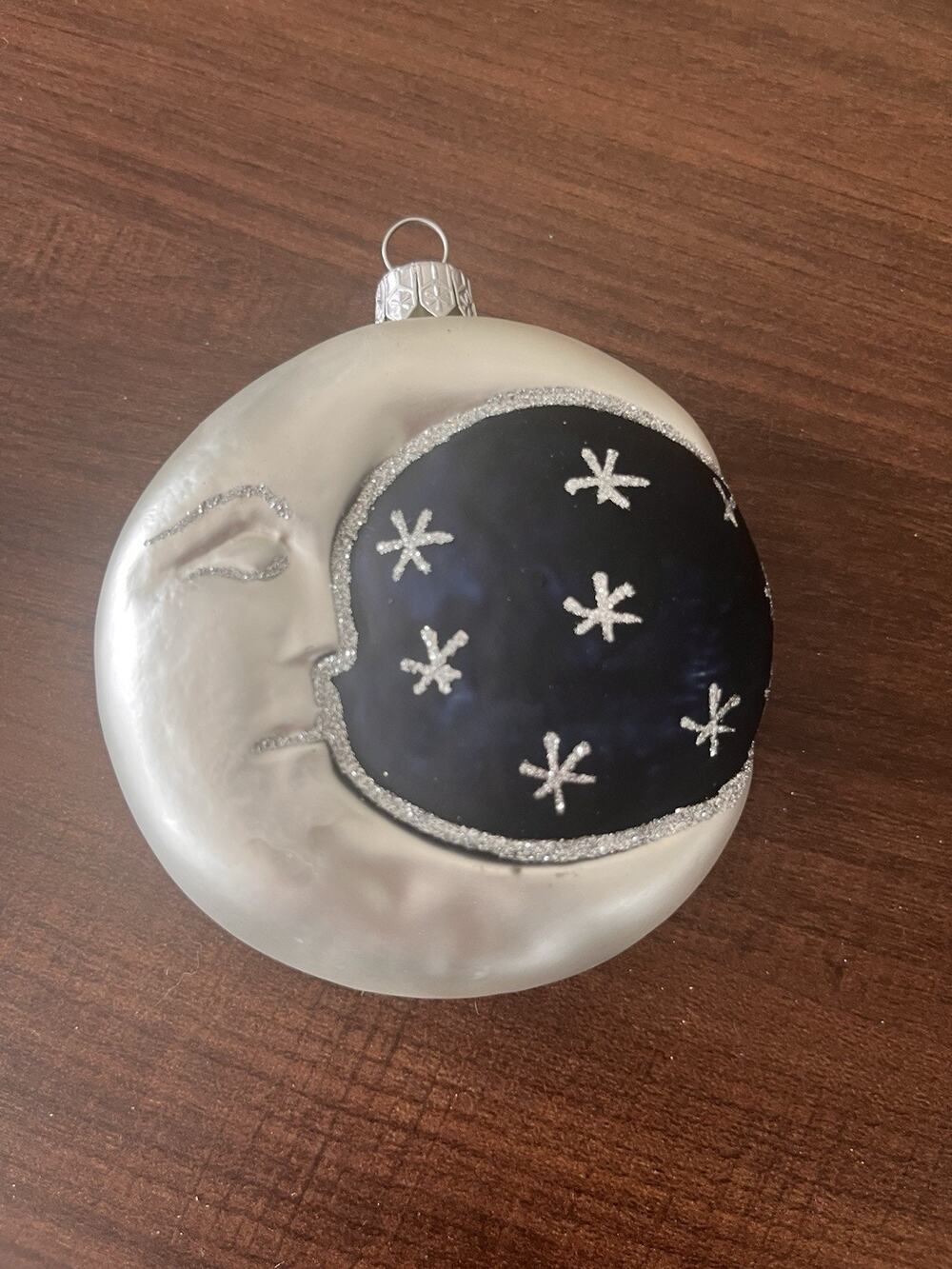 Man In The Moon Face Crescent Glass Christmas Ornament Vintage Double Sided